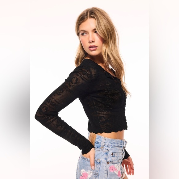 NWT Loveshackfancy Gretta Pointelle Knit Bow Cardigan Black | S - Picture 5 of 14